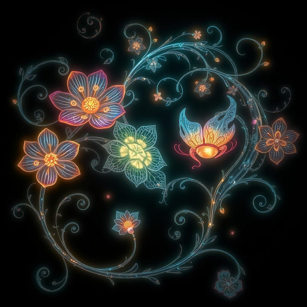 Ethereal Bioluminescent Forms in Art Nouveau Style