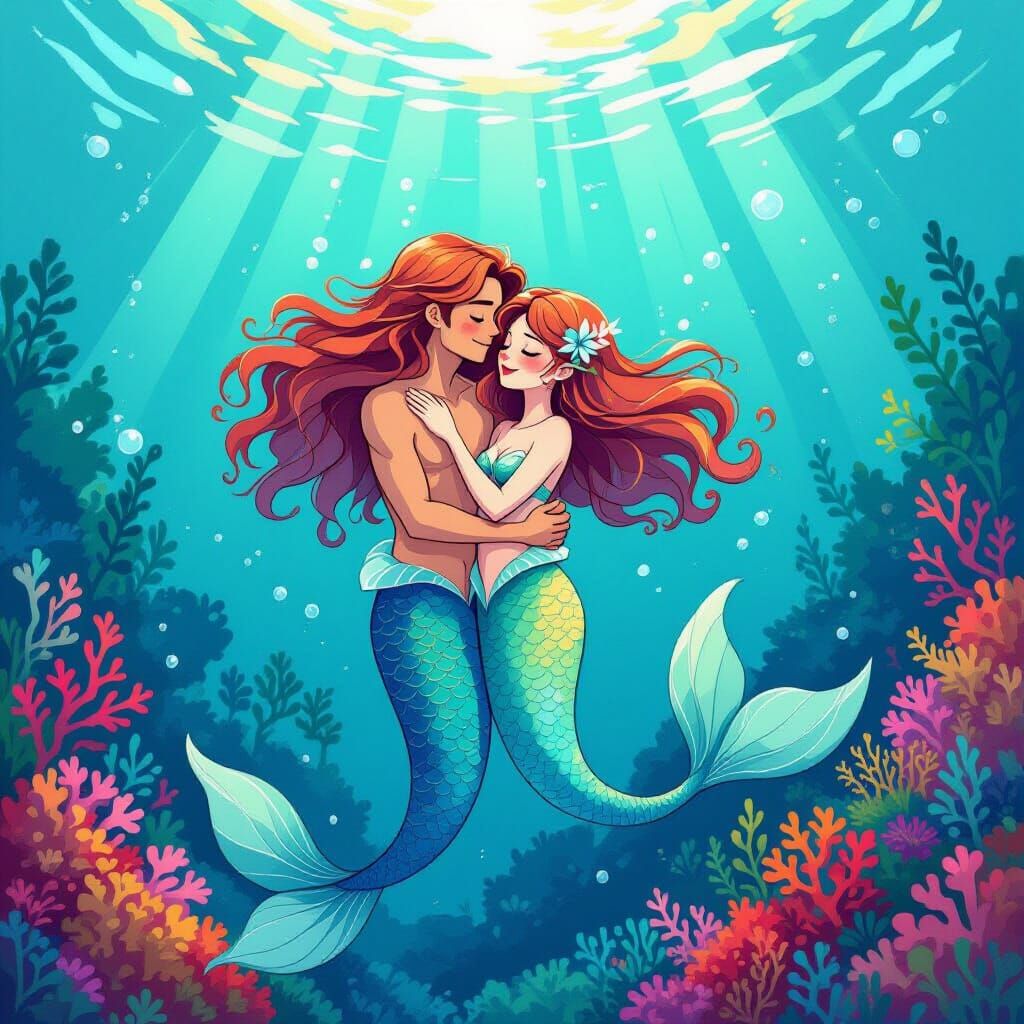 Mermaid Couple Embrace in Dreamy Underwater Illustration