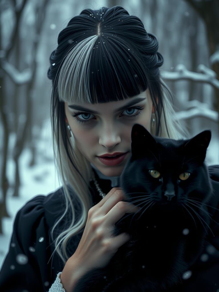 Cruella in Winter Forest with Black Cat