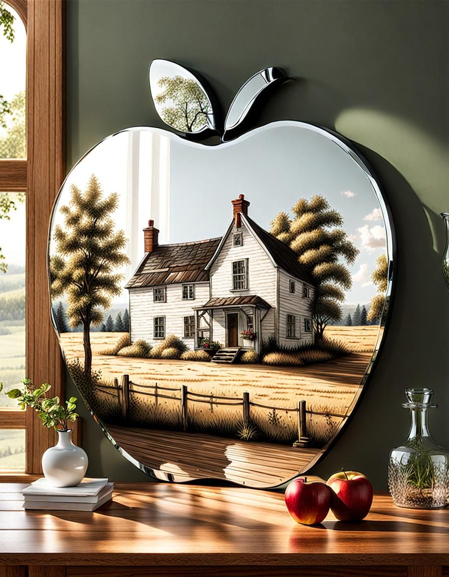 Apple Mirror Reflecting Hyperdetailed Farmhouse Scene