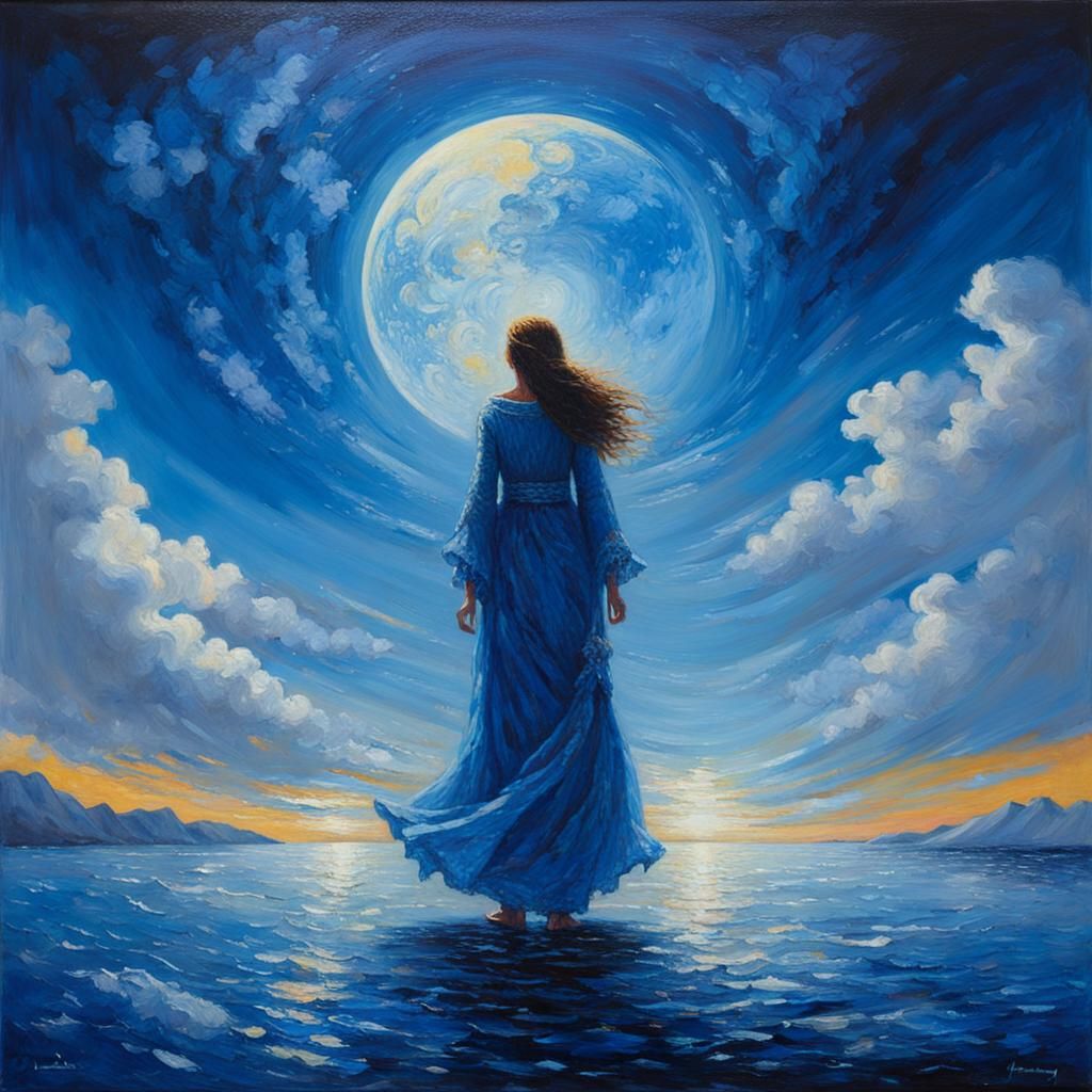 Ethereal Soul in Blue Eternity: Oil Painting