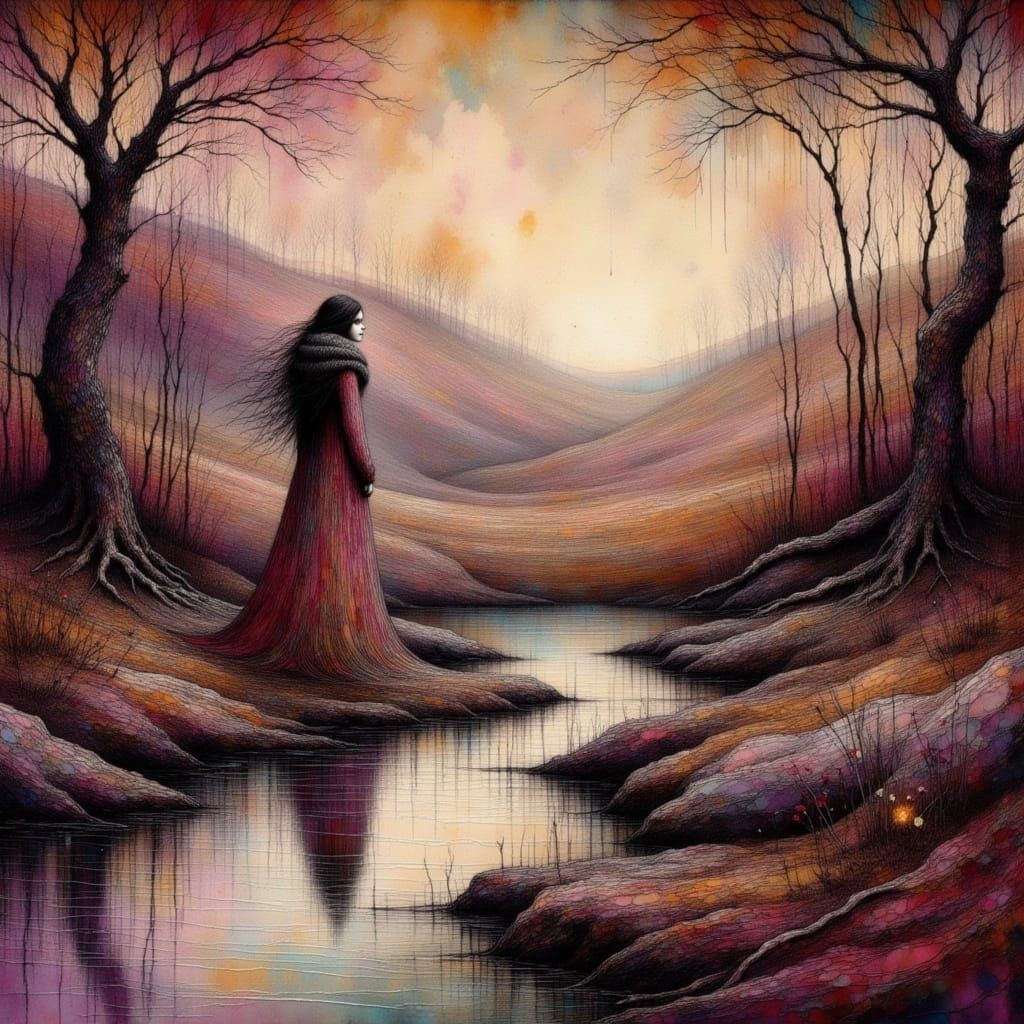 Mystical Woman in Autumn Landscape, Dreamlike Art