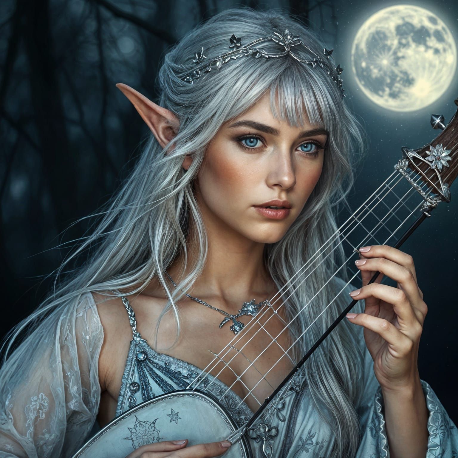 Silver-Haired Elf Bard Under Moonlight