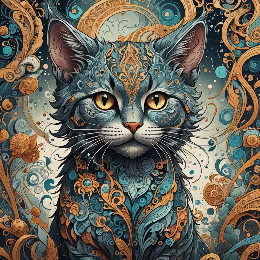 Whimsical Cartoon Cat Coloring Page in Fantasy Style