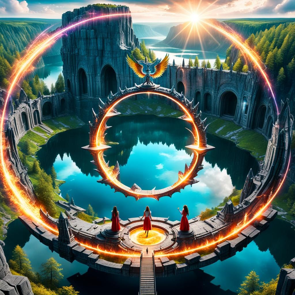 Multicolor Dimensional Portal Over Lake: A Sci-Fi Vision