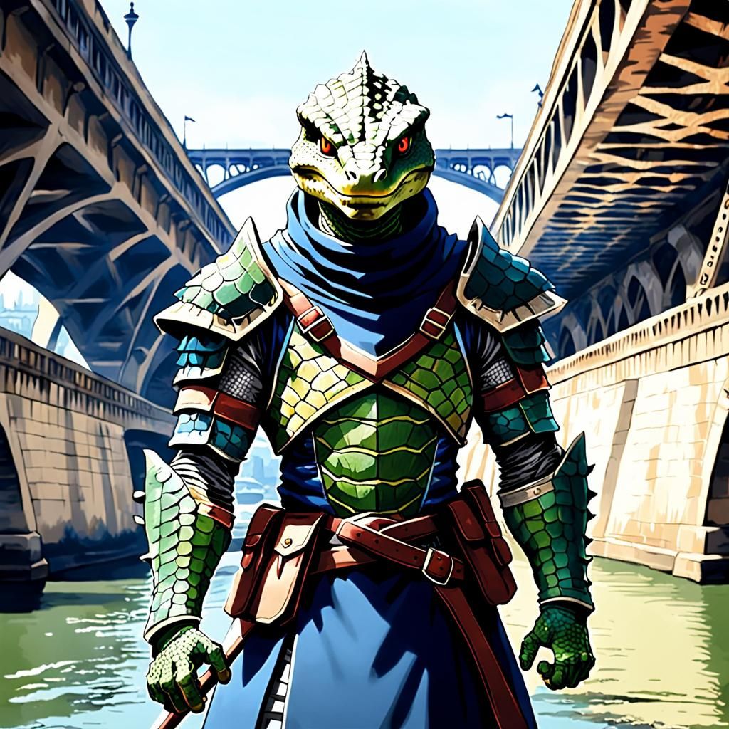 Reptilian Warrior Under Paris Bridges in 4K