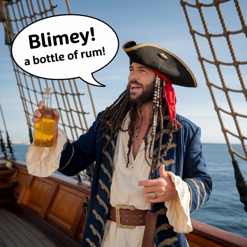 Pirate Captain Cheers With Rum Bottle on Sailing Ship