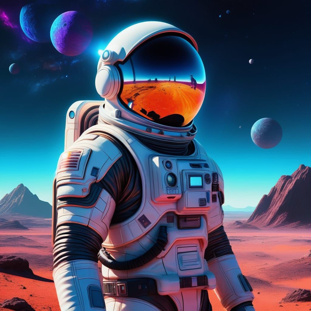 Lone Astronaut in a Vibrant, Neon-Lit Galactic Landscape