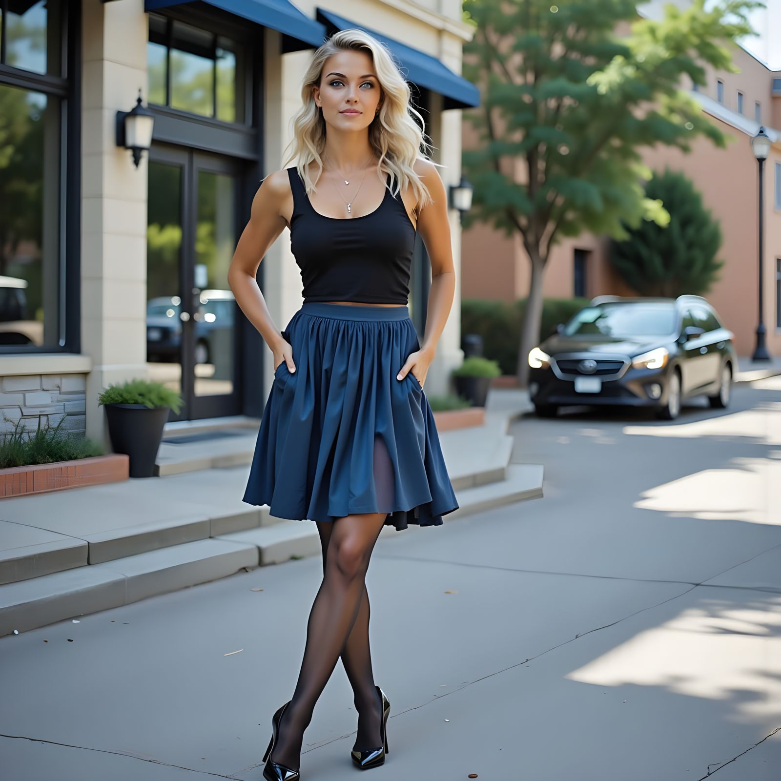 Confident Blonde Woman in Summer Outfit