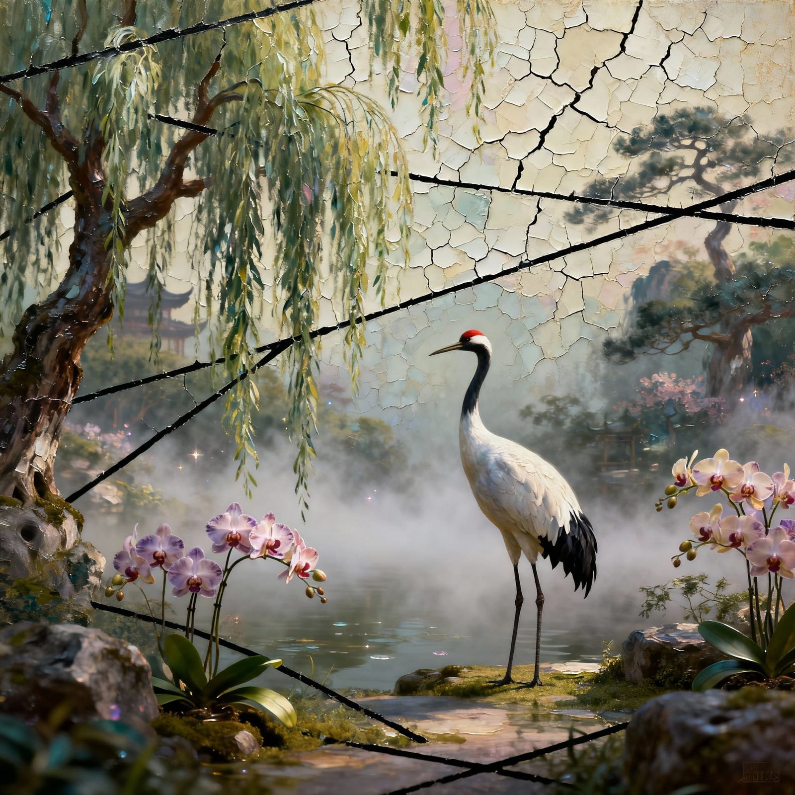 Whimsical Asian Scenery Oil Painting with Crane Bird