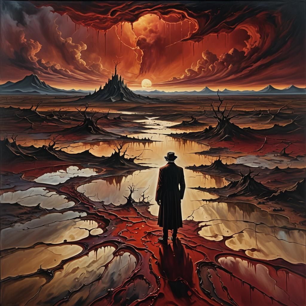 Surreal Crimson Landscape with Dark Figure as Oil Painting