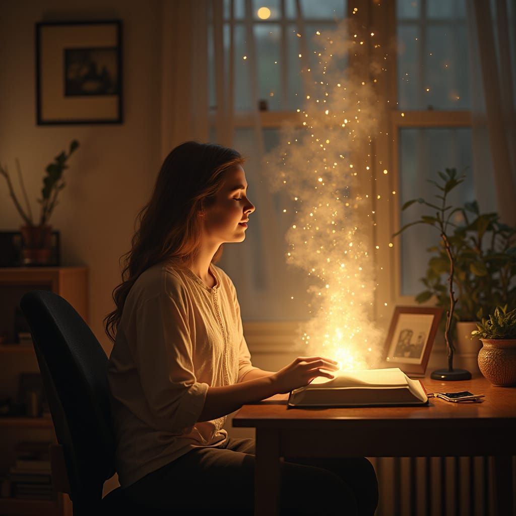 Girl Reading Bible in Room Filled with Faith