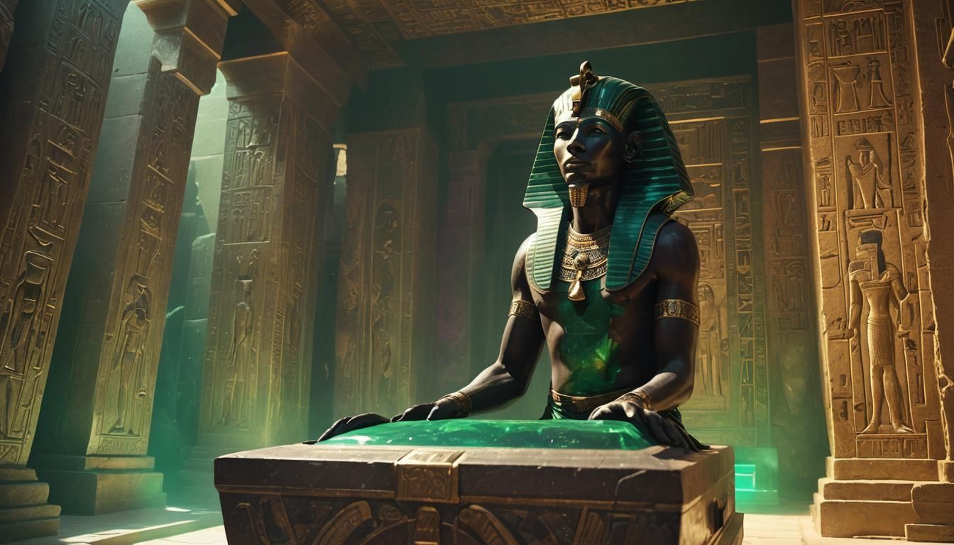Emerald Pharaoh in Hathor Temple: Dark Fantasy Art