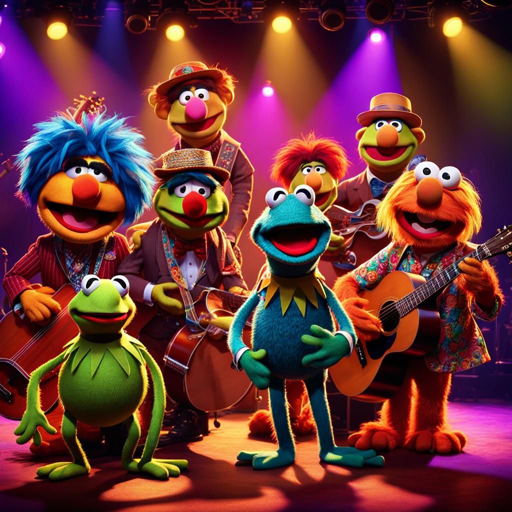 The Muppet Show as a 60-year-old hippie group on stage under bright spotlights , 4k Pixar, Disney, concept art, 3d digit...