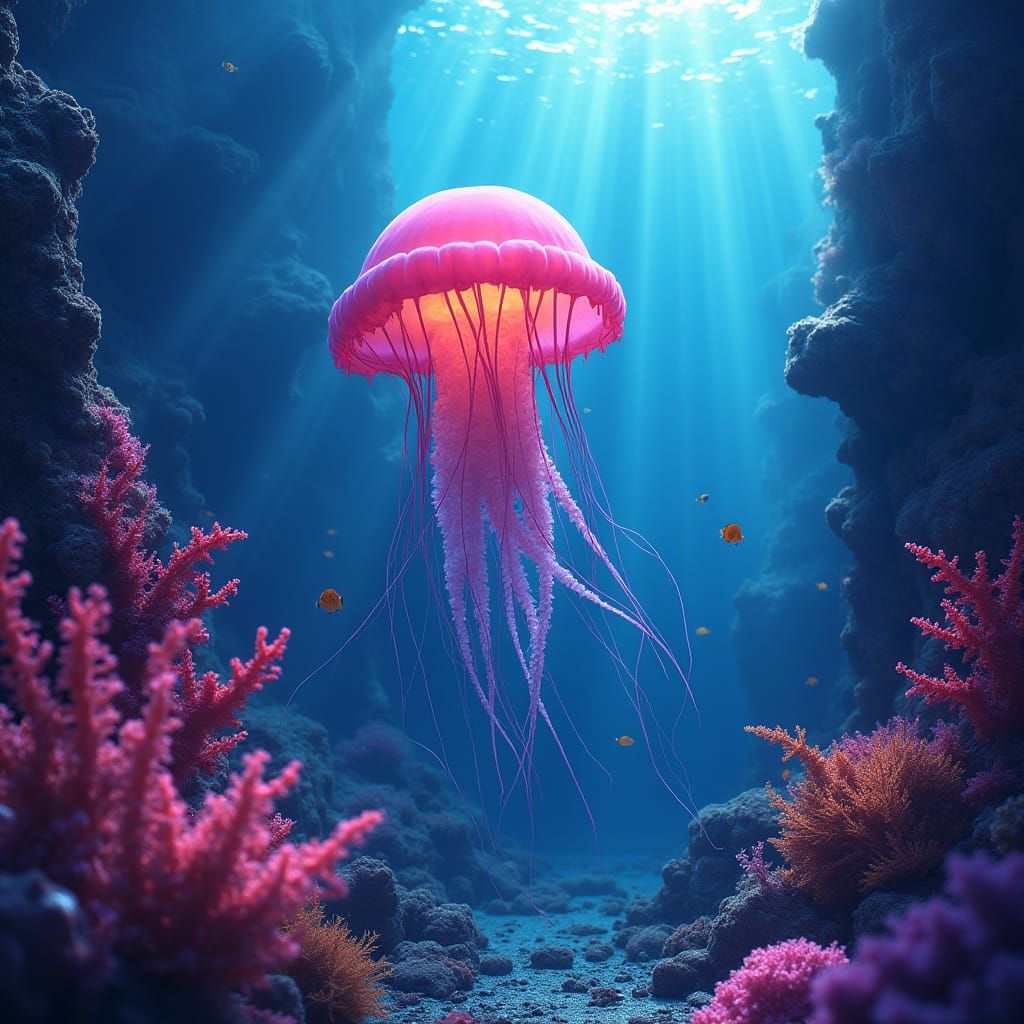 Giant Pink Jellyfish in Sunlit Deep Sea Wreck