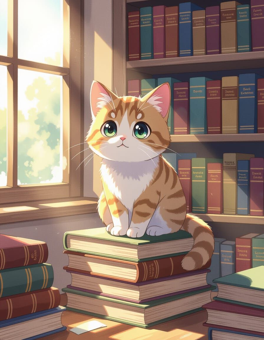 Anime Cat in Library: Watercolor Splash Art