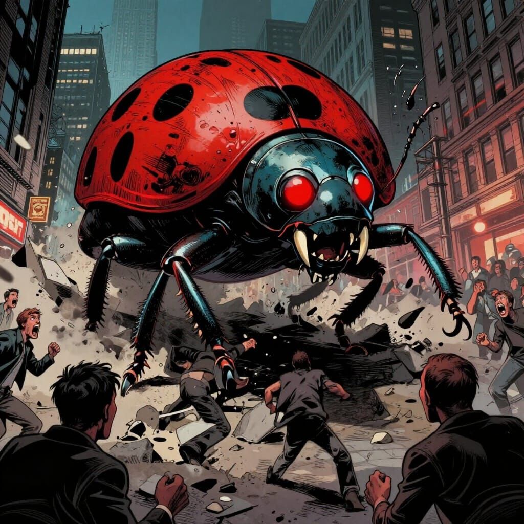 Giant Monster Ladybug Attacks City in Dark Comic Style