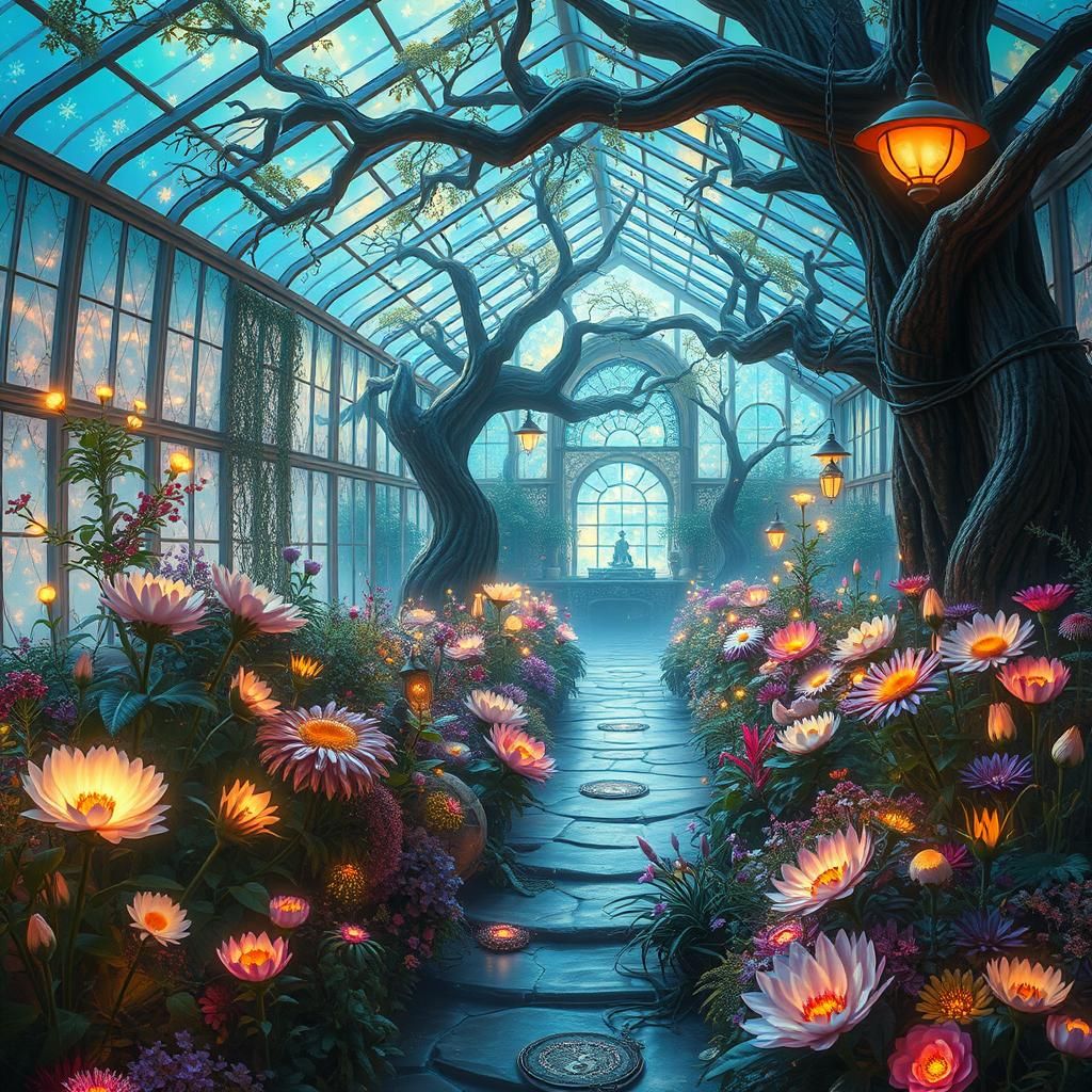Mystical Greenhouse with Luminescent Flora