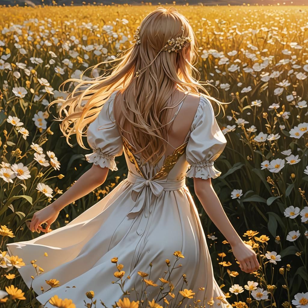 Girl Runs Through Golden Flower Field: Anime Art
