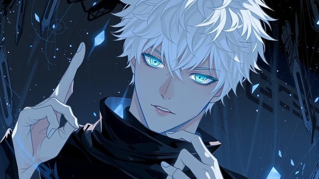 Anime Character with Snow-White Hair and Blue Eyes