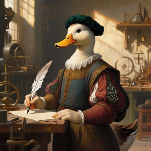 Duck Dressed as Leonardo da Vinci in Renaissance Workshop