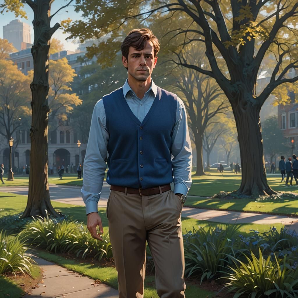 Man Walks on Campus in Fantasy Concept Art Style