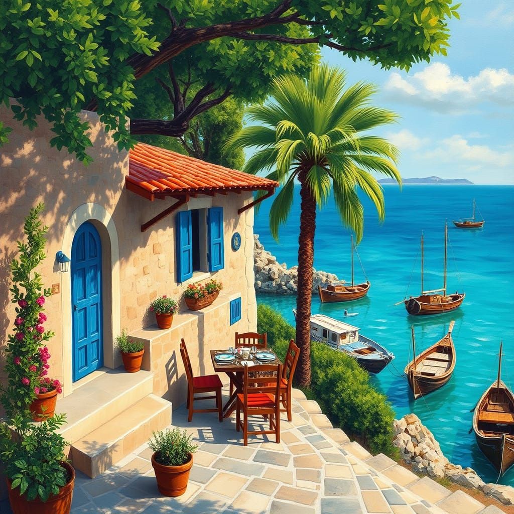 Greek Seaside Taverna in Vibrant Blue and Earthy Tones