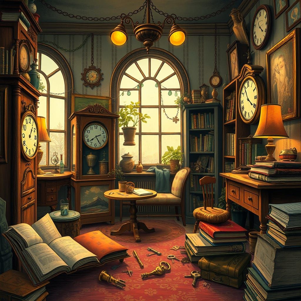 Whimsical Indoor Scene with Hidden Vintage Treasures