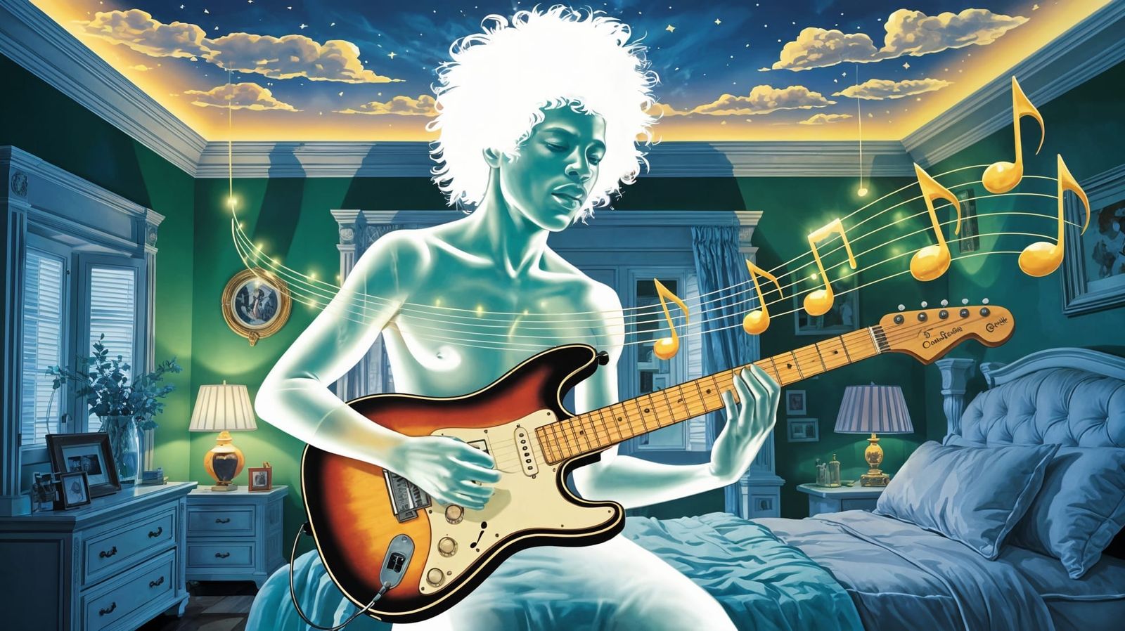 Ghostly Guitarist Plays Stratocaster in Heavenly Sky