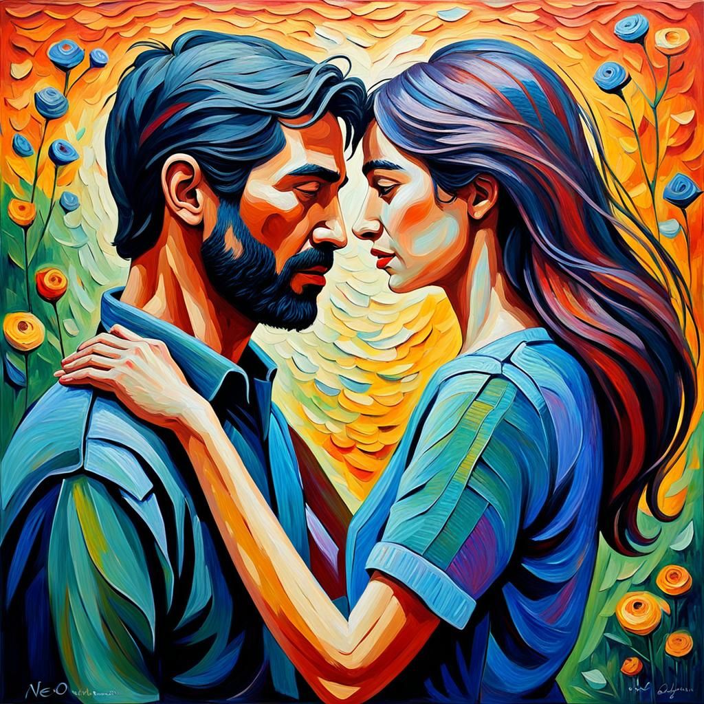 Expressive Oil Painting of Lovers in Neo-Impressionism Style
