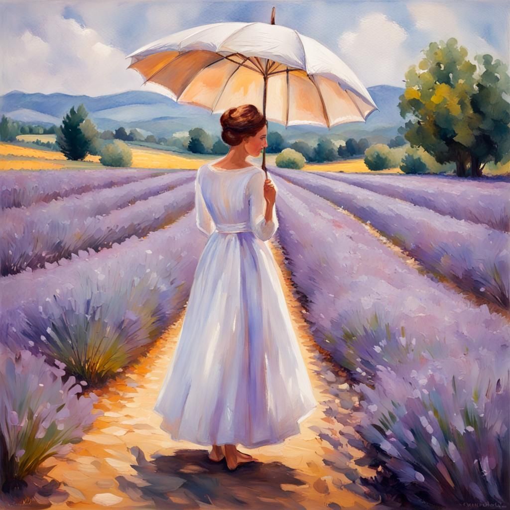 Woman in Lavender Field, Gouache Style Painting