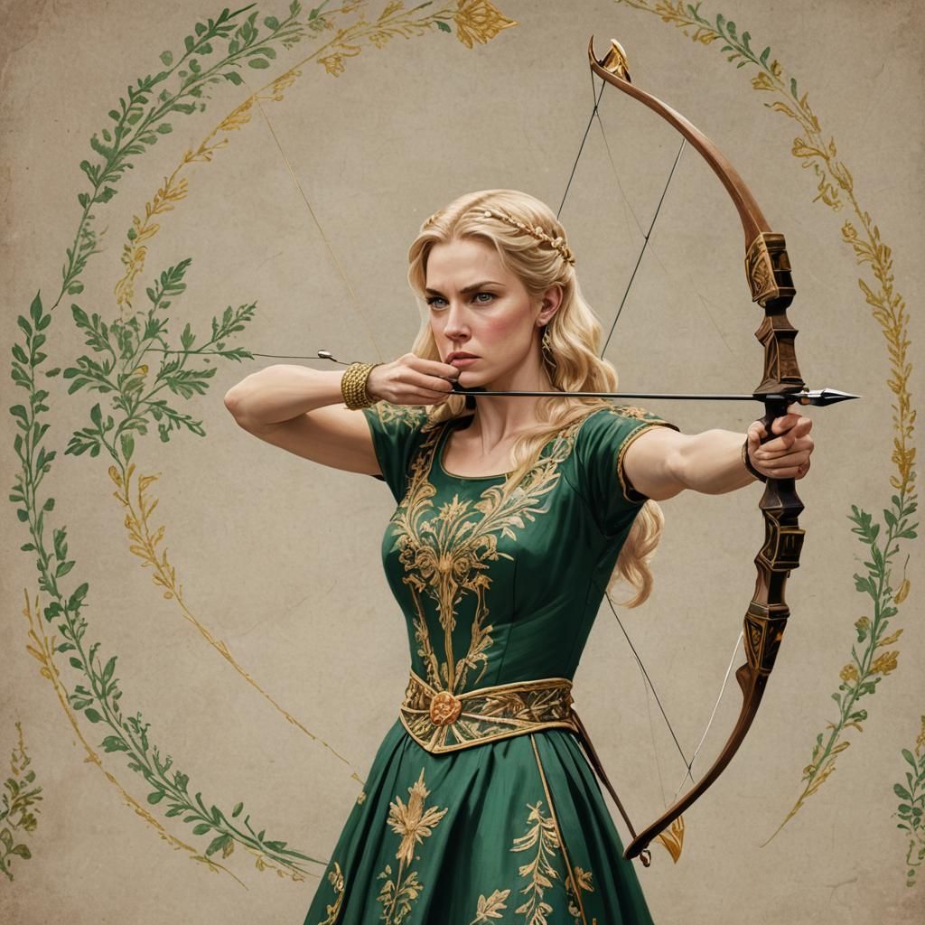 Woman with Bow and Arrow in Green Dress