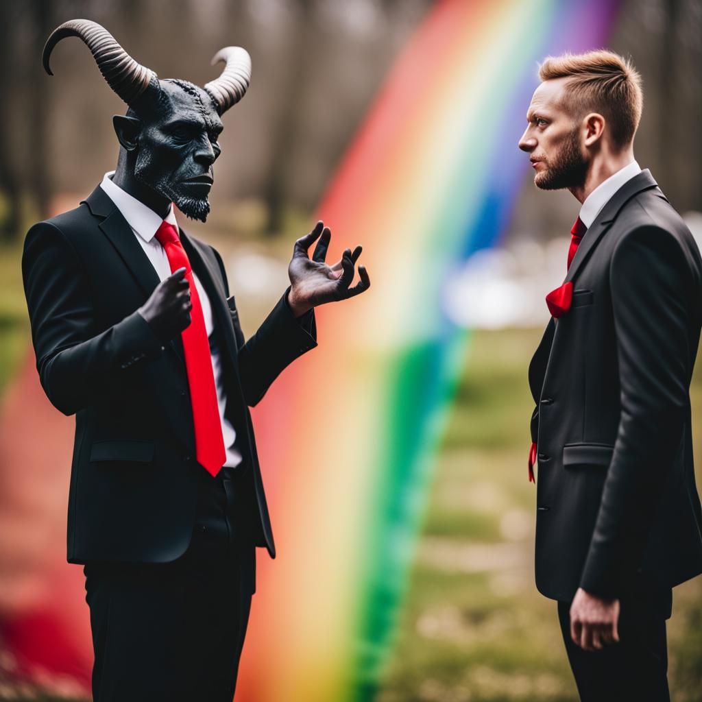 Demon in Suit Talking to Rainbow Priest
