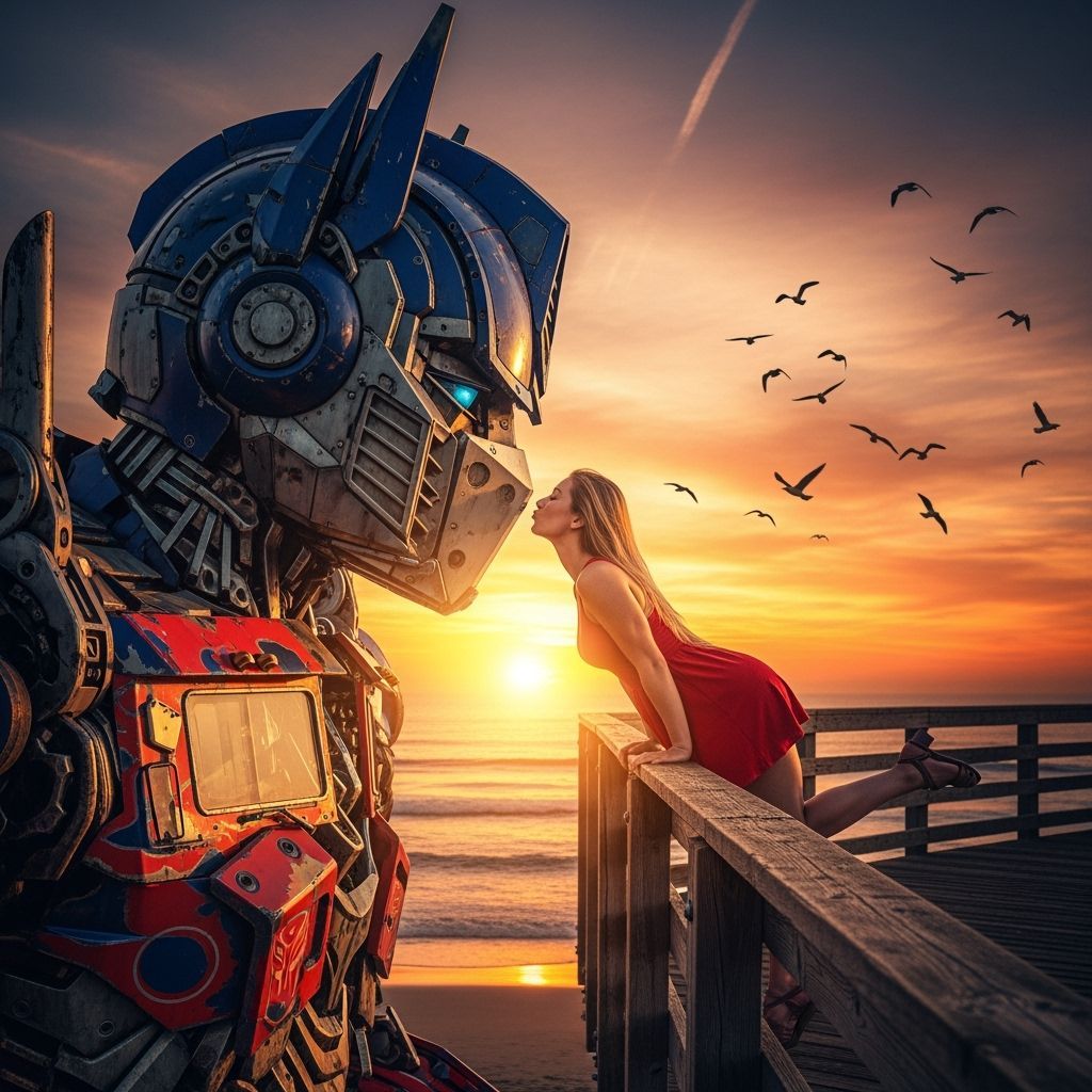 Woman Kisses G1 Optimus Prime at Sunset