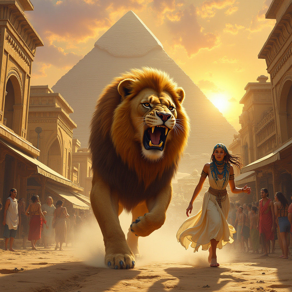 Lion Chasing Priestess in Ancient Egyptian Street