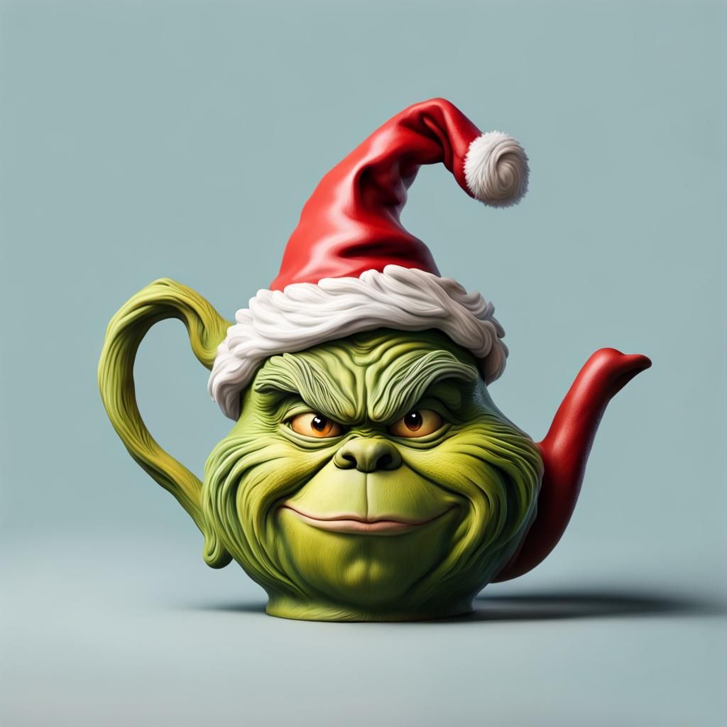 Grinch Christmas Teapot in Hyperrealistic Splash Art