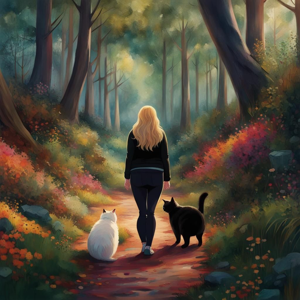 Magical Forest Trail: Calico Cat and Woman, Fantasy Art
