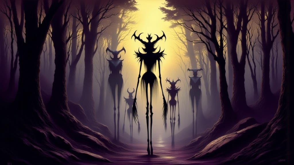 Dark Fantasy Stilt Walkers in Ancient Forest