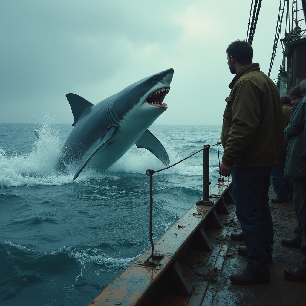 Great White Shark Breaching, Hyperrealistic Digital Art