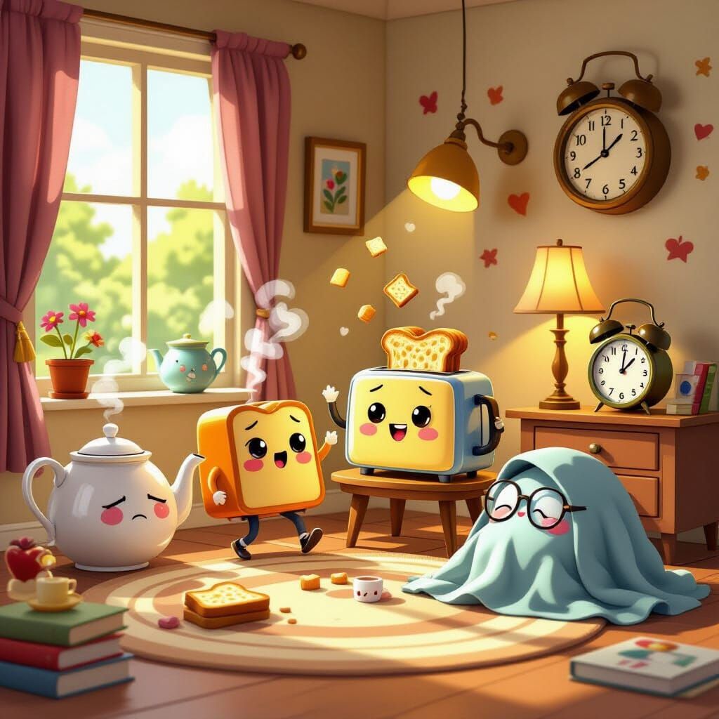 Cartoon House with Sentient Objects in Warm Animation Style