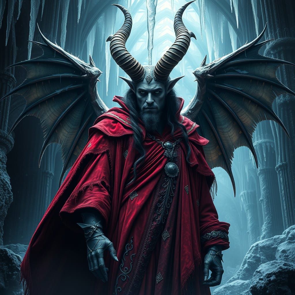 Satan in Frozen Hell's Ruins: A Majestic, Hyperrealistic Sce...