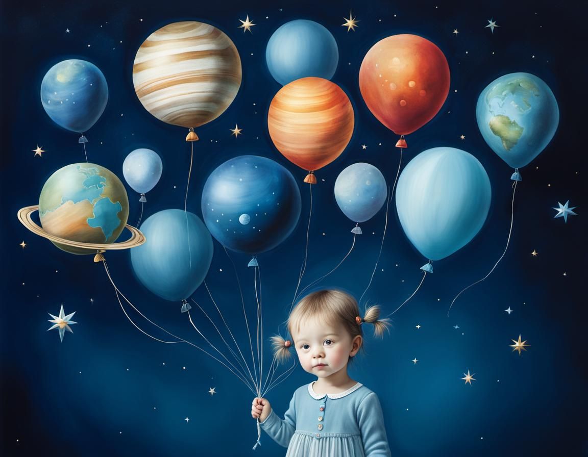 Child with Planet Balloons: Whimsical Illustration