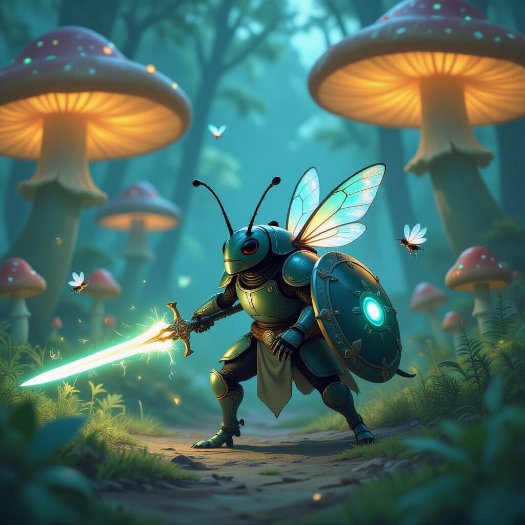 Bioluminescent Beetle Warrior in Giant Mushroom Forest