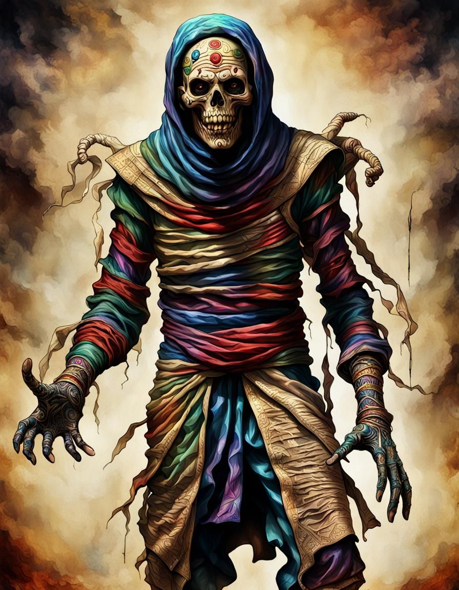 Hyperrealistic Jester Mummy Bursting Forth