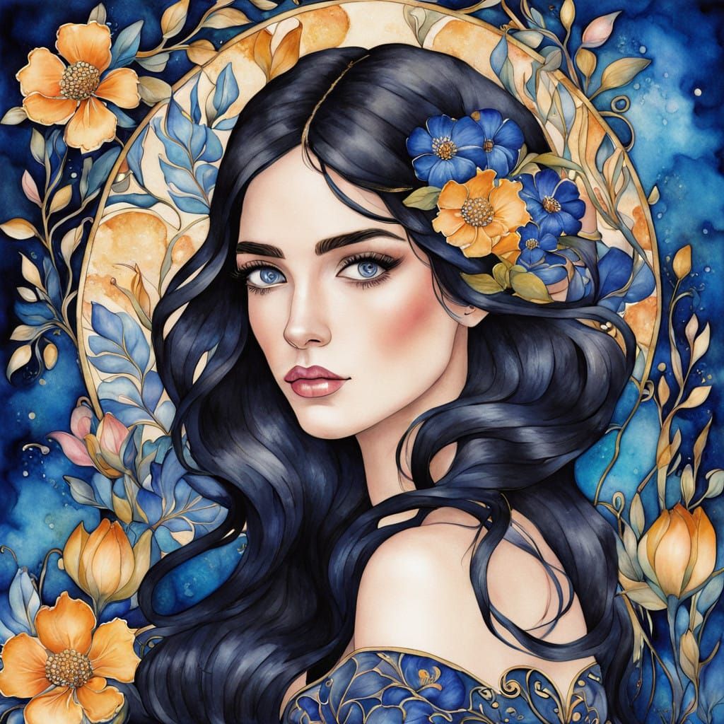 Ethereal Art Nouveau Portrait of Dark Haired Beauty in Water...