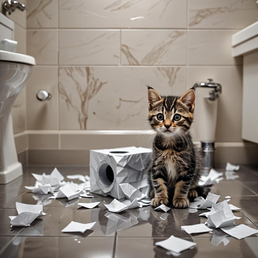 Cute Kitten Plays with Toilet Paper Roll