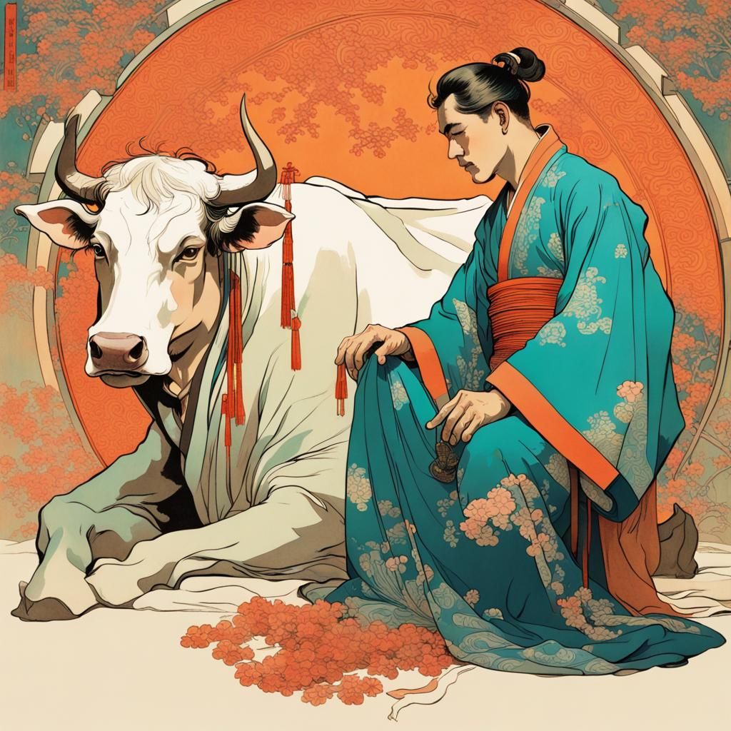 Chinese Cowherd in Hanfu, Alphonse Mucha Style
