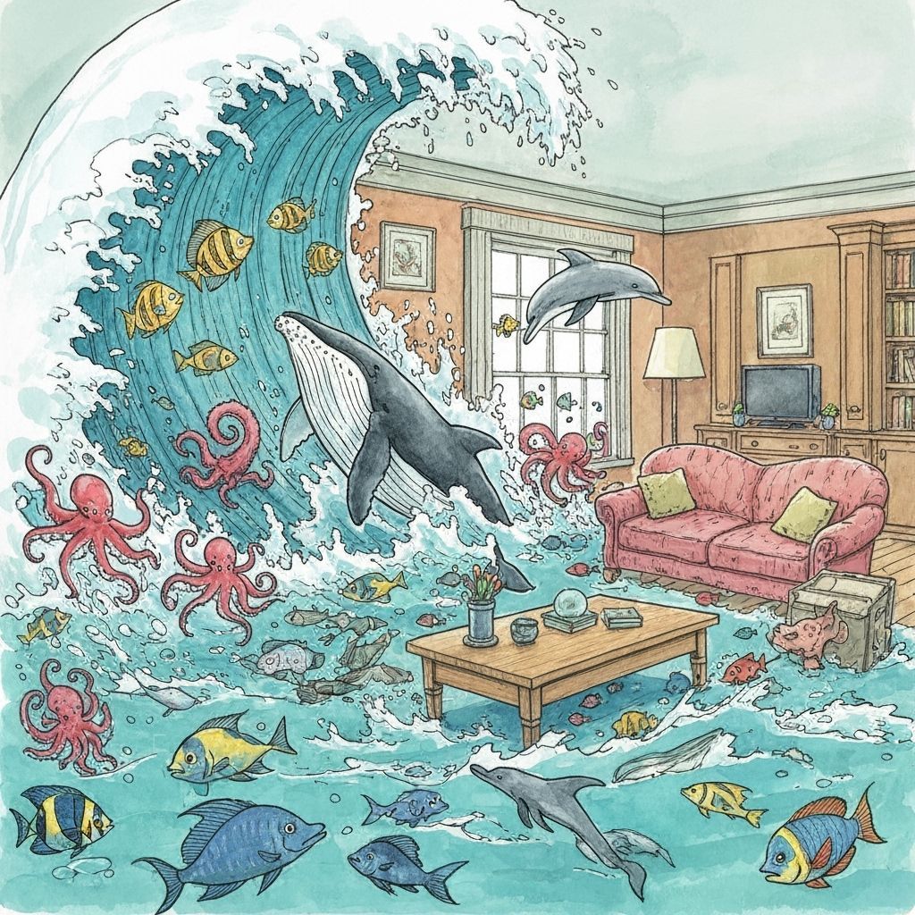 Giant Wave Engulfs Living Room with Marine Life in Tintin St...