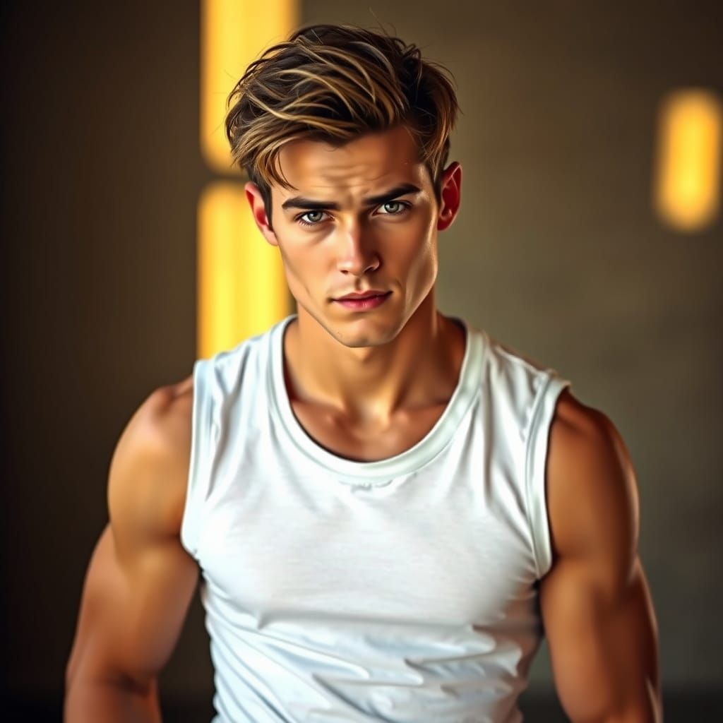 A handsome man with beautiful features, striking eyes, and a...