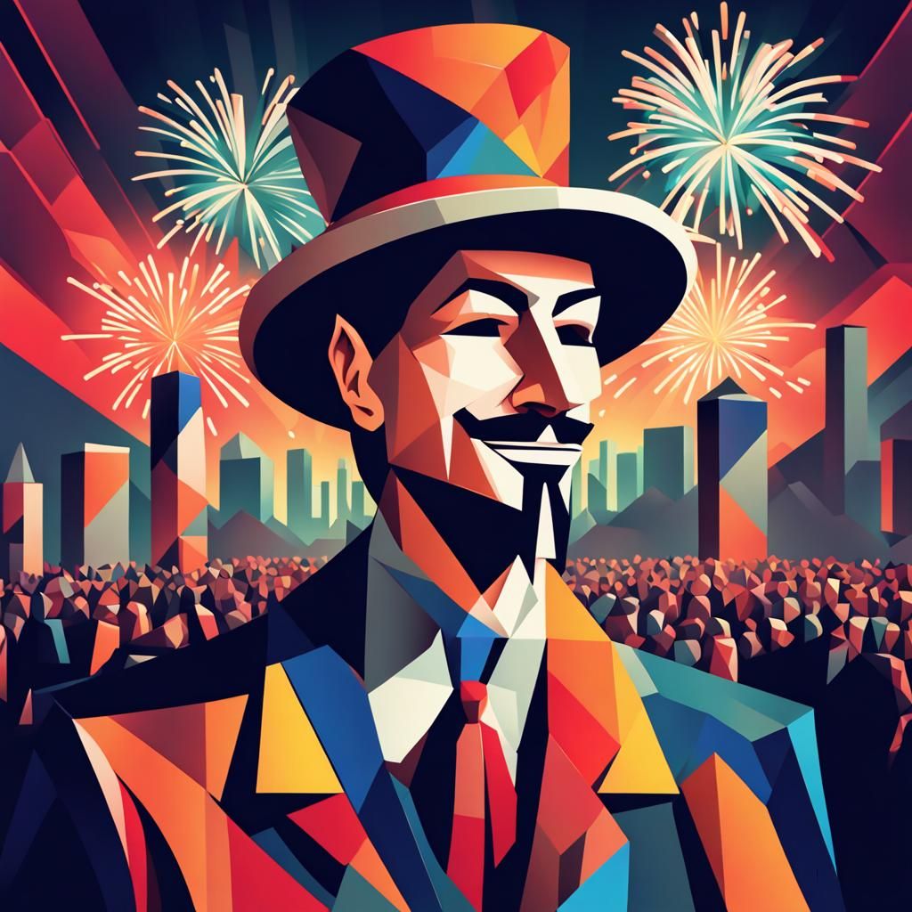 Guy Fawkes Fireworks Display in Cubist Style